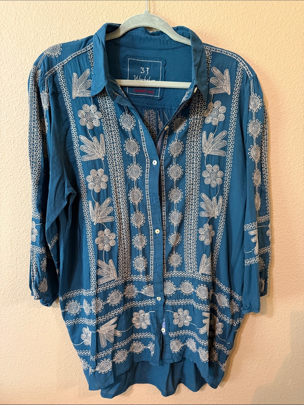 Johnny Was Teal Blue Embroidered Button-Up Blouse